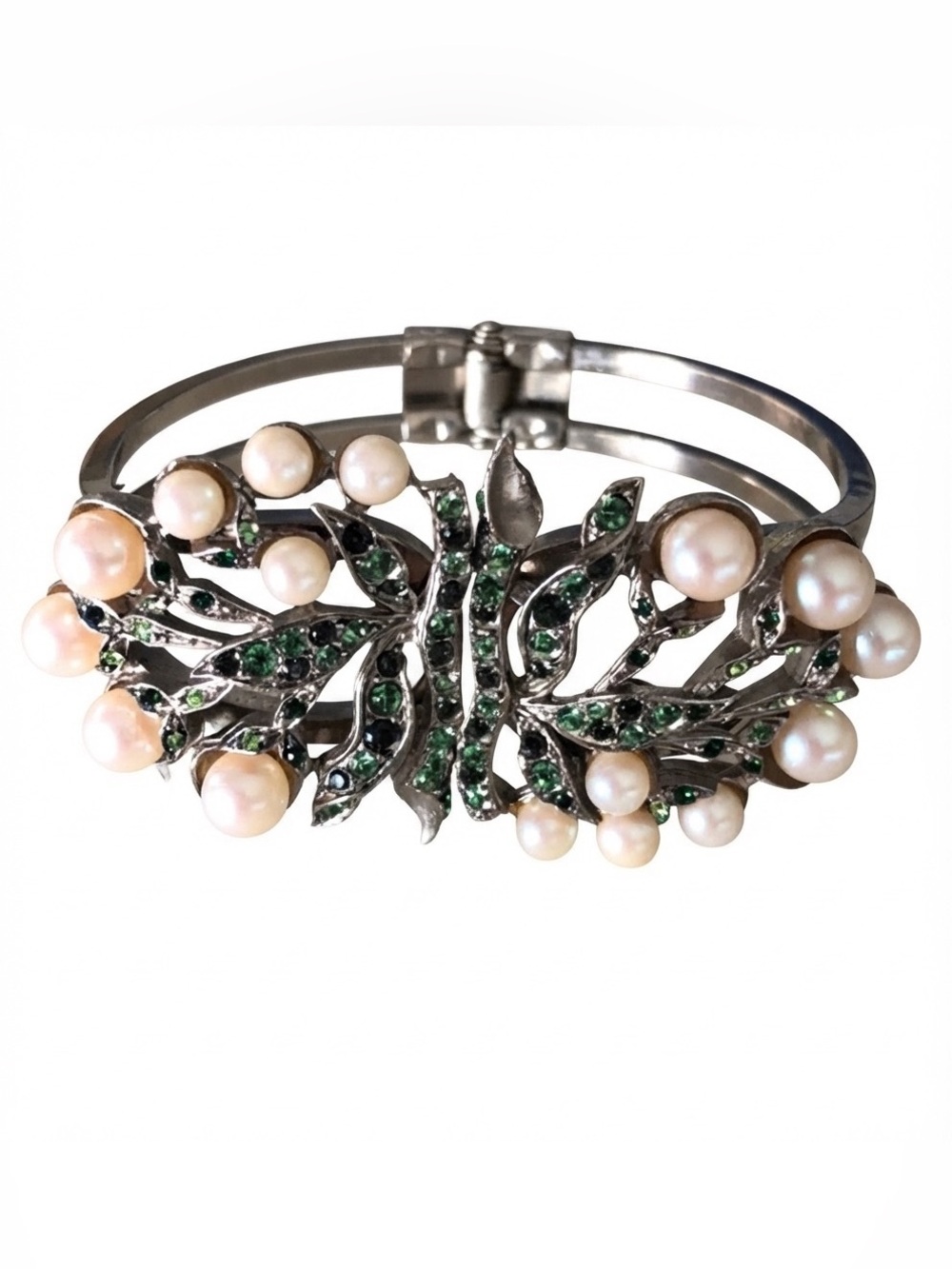Gerard Yosca Elegant Pearl and Green Rhinestone Cuff Bracelet